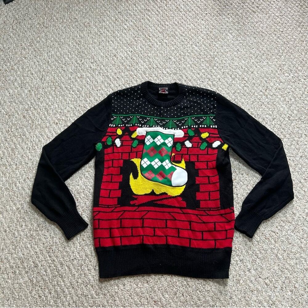 Well Worn Ugly Christmas Sweater Womens M Fireplace Stocking Drink Holder Lights